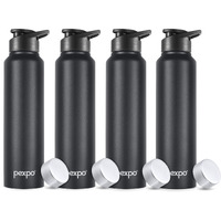 Pexpo Chromo Stainless Steel Sports/Fridge Water Bottle With Sipper & Steel Cap, 1 Litre, Knight Black Set Of 4| Bpa Free | Water Bottle For Office, Gym, School, Yoga, Trekking, Adults & Kids