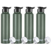 Pexpo Chromo Stainless Steel Sports/Fridge Water Bottle With Sipper & Steel Cap, 1 Litre, Military Green Pack Of 4| Bpa Free | Water Bottle For Office, Gym, School, Yoga, Trekking, Adults & Kids