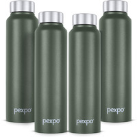 Pexpo Chromo Stainless Steel Sports/Fridge Water Bottle 1 Litre, Military Green Pack Of 4 | Eco Friendly | Bpa Free | Water Bottle For Office, Gym, School, Yoga, Trekking, Men, Women And Kids