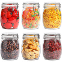 Hexoniq Airtight Glass Jar With Silicon Clamp Lids, Storage Container With Clear Preserving Seal Wire Clip Fastening For Kitchen Canning Cereal, Pasta, Sugar, Beans, Spices (Round, 750Ml, Pack Of 6)