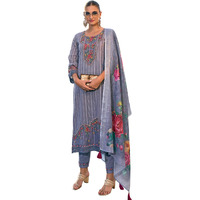 Indo Era Women's Grey Embroidered Straight Kurta & Pant With Dupatta Set (Kh0Gy6231_Medium)