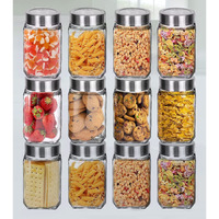 Feelopie Piramal Glass Square Clear Jars & Containers For Kitchen Pantry, Honey, Pickles, Cookies, Dry Fruits, And Coffee Beans Storage With Stainless Steel Lid (Cube Jar,300Ml, Set Of 12)