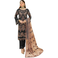 Miss Ethnik Women's Black Faux Georgette Semi Stitched Top With Unstitched Santoon Bottom And Net Dupatta Embroidered Straight Top Dress Material (Pakistani Salwar Suit) (Me-1089-Black)