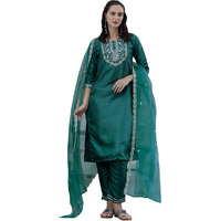 Vredevogel Kurta Set With Dupatta | Embroidered Silk Blend Straight Kurta Pant Set For Women | Women's Ethnic Casual Kurti Set (Green_X-Large)
