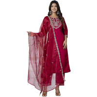 Vredevogel Kurta Set With Dupatta | Embroidered Silk Blend Straight Kurta Pant Set For Women | Women's Ethnic Casual Kurti Set (Cherry_Small)