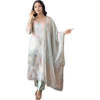 Naixa Women's Pista Organza Embroidered Straight Kurta With Rayon Pant And Organza Laced Dupatta Sets (Nx-453-Pista-L)