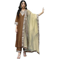 Siril Women's Silk Embroidered Straight Kurta Pant With Dupatta Set (104Kbd1138-S_Mustard Brown)