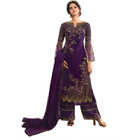 Miss Ethnik Women's Pakistani Suit Off-White Faux Georgette Semi Stitched Top With Unstitched Santoon Bottom And Net Dupatta Embroidered Straight Kurta Pant With Dupatta Set (Me-P-1038) (Purple)
