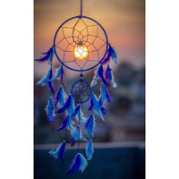 Ilu Dream Catchers Wall Hangings, Home Dcor, Handmade Dreamcatcher For Bedroom, Balcony, Garden, Party, Caf, Small Ring Beaded Blue & Light Blue Feathers 17Cm Diameter Length 60Cm