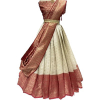 Zerico Women's Indian Traditional Kanjivaram Kanchipuram Silk Pure Zari Weaving Lehenga Choli And Havay Zari Work Dupatta With Blouse (All Unstitched) (Half Saree) (White-Marron)
