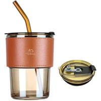 Mellora Leather Grip Coffee Tumbler With Glass Straw | Sipper With Lid Anti - Leak Proof For Hot & Cold Beverages | Transparent Travel Cup | Perfect For Office, & On-The-Go Use | Brown - 400Ml