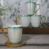 Femora Premium Gold Teal Mesh Pattern Design Ceramic Coffee & Tea Cup Set Of 4, 160 Ml