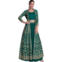 Miss Ethnik Women's Green Chinon Stitched Top With Stitched Bottom Full Sleeve Embroidered Choli With Jacket (Lehenga Choli With Jacket) (Me-1196-Green-L)