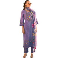 Indo Era Women's Cotton Purple Embroidered Floral Straight Kurti Pant And Dupatta Set (Kh0Pr6228_Medium)