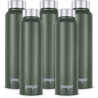 Pexpo Chromo Stainless Steel Sports/Fridge Water Bottle 1 Litre, Military Green Pack Of 5 | Eco Friendly | Bpa Free | Water Bottle For Office, Gym, School, Yoga, Trekking, Men, Women And Kids