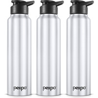 Pexpo Chromo Stainless Steel Sports/Fridge Sipper Water Bottle 1 Litre, Silver Pack Of 3 | Eco Friendly | Bpa Free | Water Bottle For Office, Gym, School, Yoga, Trekking, Men, Women And Kids