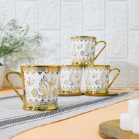 Femora Premium Golden Leaf Ceramic Royal Crowned Coffee & Tea Cup Set Of 4, 180 Ml