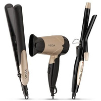 Vega Miss Versatile Styling Set Straightener, Curler & Dryer Gift Combo For Women, 1000W Hair Dryer With 2 Head/Speed Setting, Hair Straightener & Curler Comes With Ceramic Coated, (Vhss-03), Black