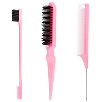 Neouth 3 Pieces Slick Back Hair Brush Set With Edge | Bristle Hair Brush | Rat Tail Comb, Teasing Brush Set For Smoothing Baby Hair & Flyaways (Pink)