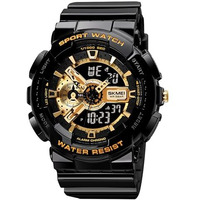 Skmei Sport Watch With Led Screen For Men Analog-Digital Display Black-Gold Dial Abs::Pu Men's Pu Black Color Stylish Band, Water-Resistant & Scratch-Resistant-1688