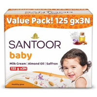 Santoor Baby Bathing Bar Soap With Milk Cream, Saffron, & Almond Oil For Soft & Supple Skin| Gentle & Rich Lathering Formula With Mild Fragrance| 125Gx3
