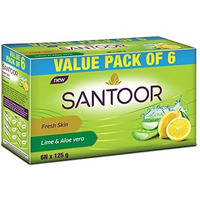 Santoor Fresh Skin Aloe Vera & Lime Bathing Soap With Nourishing & Anti-Aging Properties| For Smooth & Soft And Younger-Looking Skin| For All Skin Types| 125G, Pack Of 6