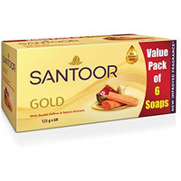 Santoor Gold Bathing Bar Soap With Kashmiri Saffron, Sandal & Sakura Extracts For Soft & Younger-Looking Skin| Gentle & Rich Lathering Formula With Refreshing Fragrance| For All Skin Types| 125G, Pack Of 6