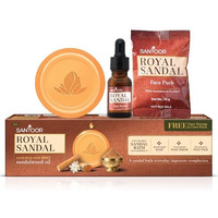 Santoor Royal Sandal Soap, Serum & Face Pack | 100% Sandalwood Oil & Powder | 3-Step Natural Detan | Tan-Free Complexion, Even Skin Tone & Glow | 150G X 3 Soaps + 20G Face Pack + 15Ml Serum