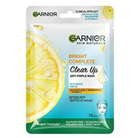 Garnier Bright Complete Anti Pimple Sheet Mask -Infused With Power Of 3 Serums, Salicylic Acid, Niacinamide And Vitamin C Serum,Face Sheet Mask For Clear, Hydrated And Glowing Skin, For All Skin Types