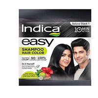 Indica Easy Do-It-Yourself 10 Minutes Hair Color Shampoo With 5 Herbal Extracts And 100% Ammonia Free, Long Lasting Formula, (12.5G + 12.5Ml) - Natural Black Colour (Gloves Included)