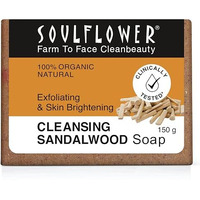 Soulflower Cleansing Sandalwood Soap | Luxury Bathing Soap, Smooth Glowing Skin, Dark Spots, Acne | Sandalwood, Turmeric, Ashwagandha, Vitamin E | Organic, & Handmade, 150G