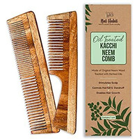 Nat Habit Kacchi Neem Wooden Comb, Soaked In 17 Herbs Neem, Castor & Coconut Oil For Multi-Actions Detangling, Frizz Control & Shine (Dual Tooth & Fine Tooth) Combo Pack Of 2