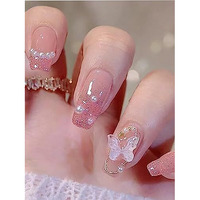 Secret Lives Acrylic Translucent Press On Nails Artifical Designer 3D White Bow & Pearl With Pink Glitter Color Nails Extension 24 Pieces Combo Set With Kit Beautiful Fake False Nails