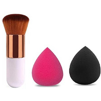 Aadav 1 Round Foundation Makeup Brush, 2 Pieces Makeup Sponge Blender (Mini Foundation Brush With 2Pcs Blender Puff)
