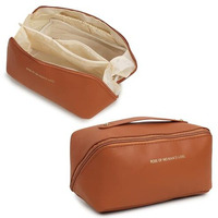Niwlix Travel Cosmetic Makeup Pouches For Women Travel Organizer Bag Portable Pouch Open Flat Toiletry Bag Make Up Organizer With Divider And Handle (Brown)