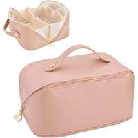 Petrice Cosmetic Travel Organizer, Women's Makeup Pouch Travel Bag Portable Leather Cosmetics Bag With Handle And Divider, Wide Opening Cosmetic/Makeup Organizer (Pink) 11.5 Cms