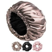 Candibella Women's Satin Silk Bonnet With 3 Scrunchies, Reversible Cap For Curly Hair, Sleeping, Adjustable, Multicolor, Large