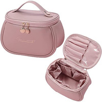 Niwlix Makeup Bag, Portable Cosmetic Bag, Large Capacity Travel Makeup Organizer, Leather Cosmetic Brush Case For Women Toiletry Bag For Girls With Handle And Divider (Light Pink)