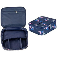 Skaiv Small Portable Travel Cosmetic Bag Organizer Nylon Make Up Pouch Kit For Women (Navy Blue - Flamingo)