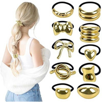 Diversa Metal Ponytail Hair Cuffs For Girls & Women, Glossy Elastic Ponytail Holders, Geometric Design, Hair Accessories Fashion Rubber Bands, Random 3 Pcs, Gold, Pack Of 3