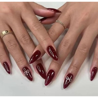 Happy Fingers Fake Nails  (Pack Of 12) Handmade Almond Shape With Bow Artificial Nails For Girls | Pre-Designed Reusable Press-On Nail Tips | Decorative Colored Nails (Cherry Red)