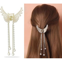 Wexus Ethnic Choice Korean Style Pearl Metal Hair Clutcher Golden Butterfly With Tussle Hair Claw Clip Hair Accessories For Women Girls (1 Pcs)