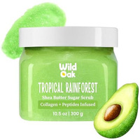 Wildoak Tropical Rainforest Shea Sugar Body Scrub | 300Gm | With Collagen & Peptides | Tan Removal | Lightens Dark Area Like Neck & Elbows | Smoothen Bumpy Legs & Hands | Hydrating & Exfoliating Scrub