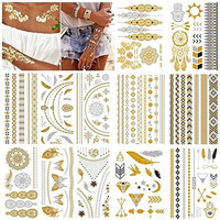 Maycreate 12 Sheets Tattoo Sticker Creative Element Temporary Tattoos Stickers Golden Tatto Stickers Assorted Henna Art Tattoo Sticker For Body Art Tattoos Art Waterproof Temporary