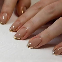 Kriga 24 Reusable Artificial Fake Nail Set| Peach Color With Golden Round On Tip Short Round Oval Shape Glossy Press On Nails| Lightweight & Long Lasting| Quick Fix For Festivals & Special Occasions