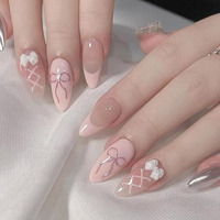Nakhi 24 Reusable Artificial Fake Nail Set |Base Peach Colour With White Bow Design Glossy Nails | Lightweight & Long Lasting| Quick Fix For Festivals & Special Occasions