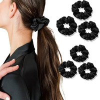 Temperia (6 Pcs) Silk Satin Scrunchies For Women & Girls - Stylish Luxury Ponytail Rubber Band Ties For Hair - Black (Mn02)