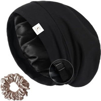Candibella Silk Bonnet For Hair, Adjustable Slouchy Beanie Cap For Men & Women, Bonnet For Curly Hair, Silky Satin Lined Silk Hair Cap For Sleeping, Hair Cover, Night Cap (Black)
