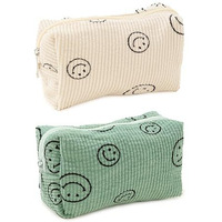 Street27 2Pcs Corduroy Cosmetic Bag Cute Travel Makeup Bag Smile Face Makeup Zipper Pouch Travel Toiletry Bag For Women Aesthetic Makeup Brushes Storage Bag Organizer - 25X18Cm (A)