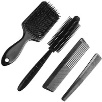 Gitgrnth Professional 4-Piece Hair Brush And Comb Set - Includes Paddle Brush, Round Styling Brush, Fine Tooth Comb, And Wide Tooth Comb - Detangling, Smoothing & Styling For All Hair Types - Ideal For Home & Salon Use (4 Pieces [Paddle + Round + Small + Big])